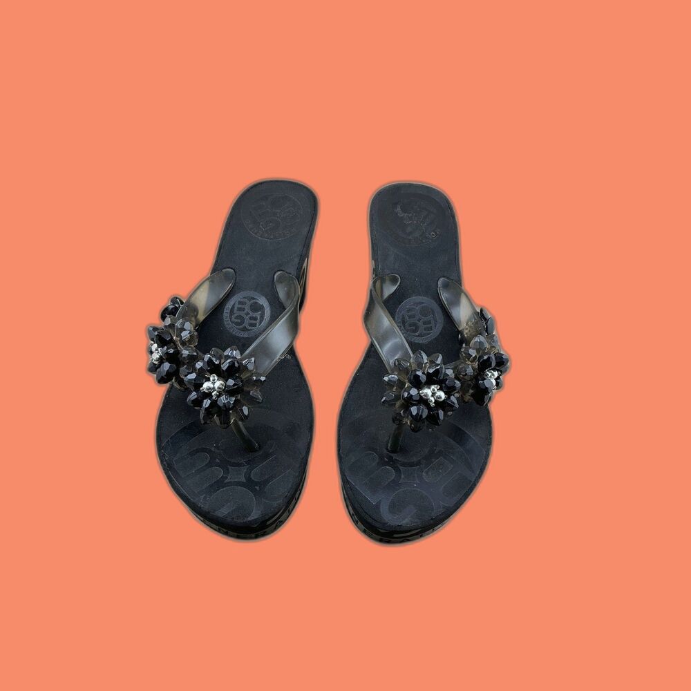 BCBG Generation Black Jeweled Wedge Flip Flop Sandals Women's Size 8B 38 Floral